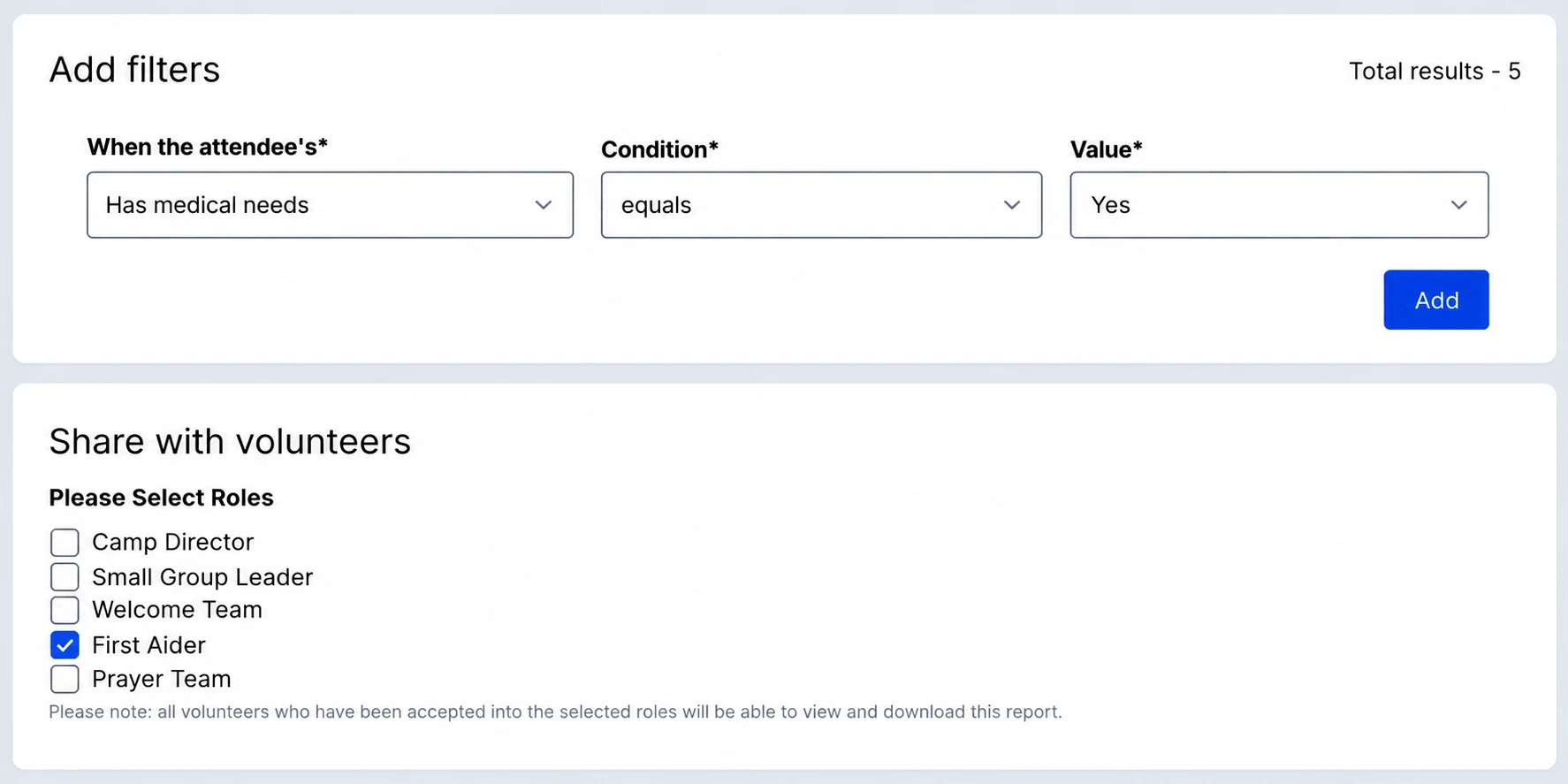 Report builder filtered by Has medical needs equals Yes, with five results and First Aider selected under Share with volunteers.