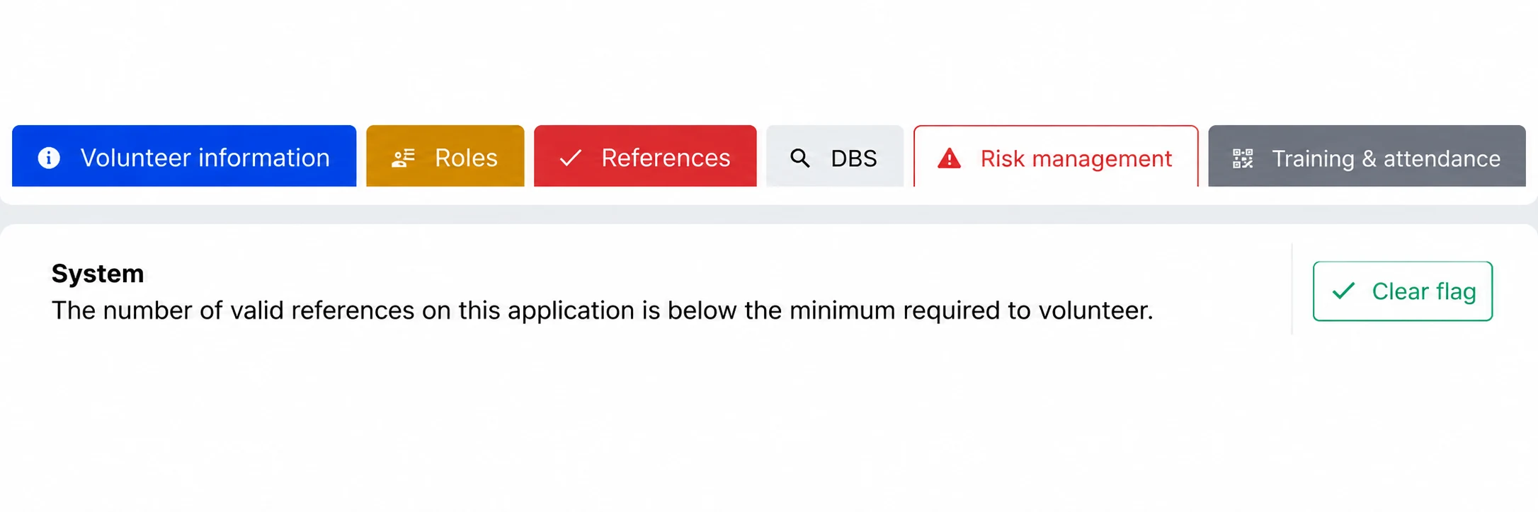 Application tabs for volunteer information, roles, references, DBS, risk management and training, with a system flag explaining that the number of valid references is below the minimum required.